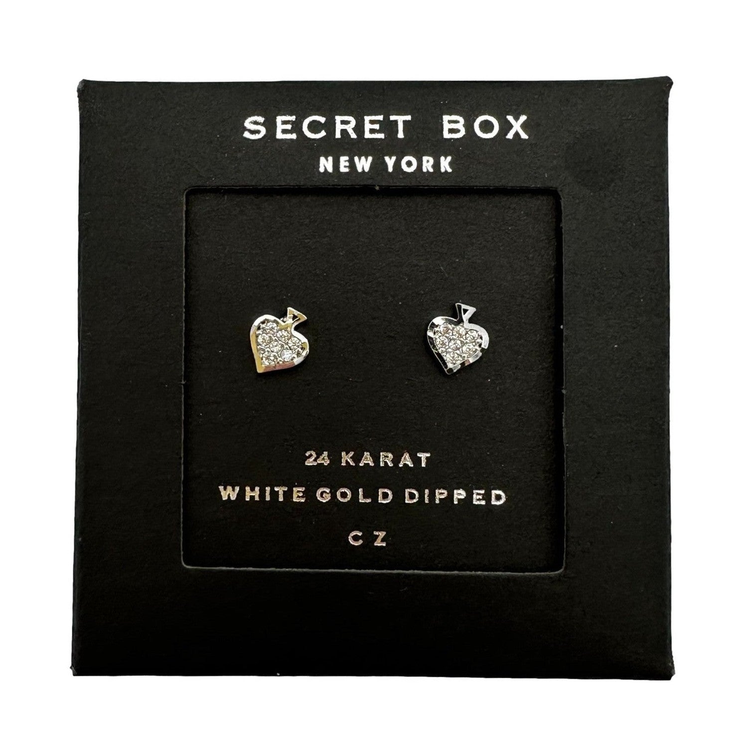 Two silver and CZ heart-shaped earrings in a black display box.